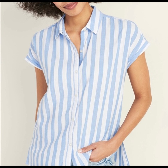 OLD NAVY Striped Cap Sleeve Button Down Shirt Large - Picture 2 of 13